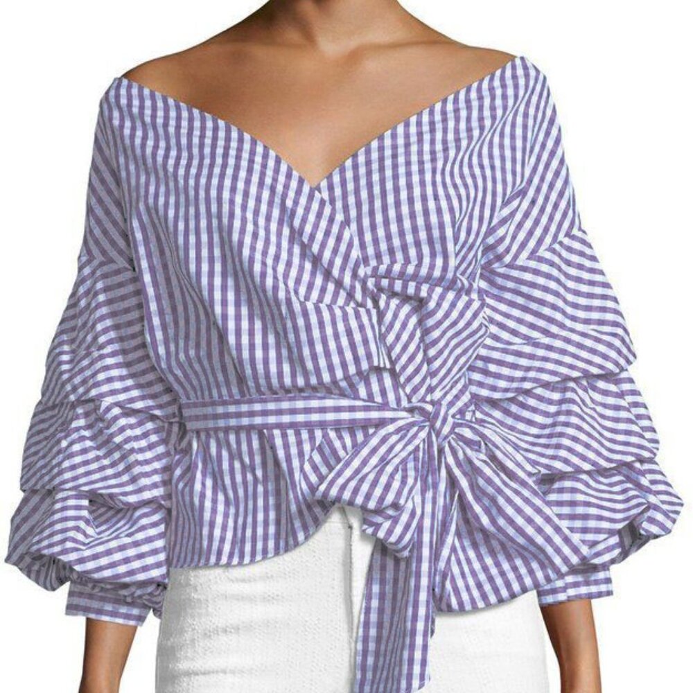 Luxe by Stylekeepers Flutter Sleeve Off the Shoulder Purple Gingham Blouse
